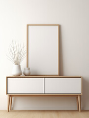 Mockup poster above minimalist drawer against white wall