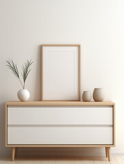 Mockup poster above minimalist drawer against white wall