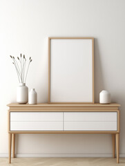 Mockup poster above minimalist drawer against white wall