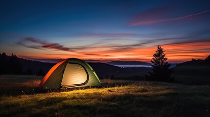 Sunset camping tent on mountain. Tent on mountain at sunrise sky - obrazy, fototapety, plakaty