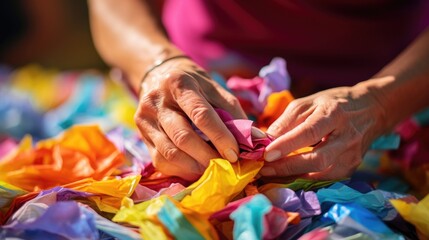 Closeup of an artists hands pieces of brightly colored tissue paper, which will later be used for a collagestyle mural. - obrazy, fototapety, plakaty