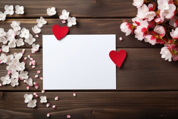 White card with white hearts and sakura branches on a wooden surface.