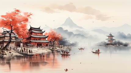 Oriental watercolor painting of a village by the river - obrazy, fototapety, plakaty