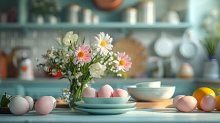 Fototapeta na wymiar The image is a cozy kitchen scene with a bouquet of fresh daisies and assorted flowers next to a bowl of pastel pink eggs, evoking a sense of home and the joy of spring.