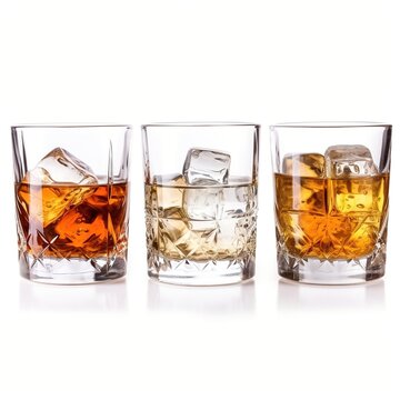 Three glasses of whiskey on a white background