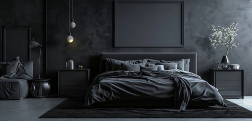 : A contemporary minimalist bedroom with a monochrome black bed, a chic black console table, and a blank mockup frame on a dark-toned wall