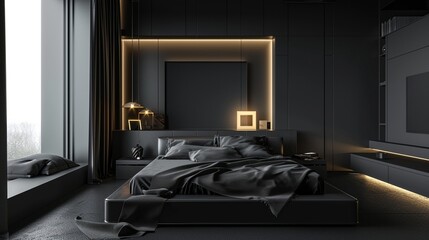 : A minimalist Contemporary bedroom with a futuristic flair, featuring a black bed with built-in lighting, ultra-modern black furnishings, and a blank holographic frame on a sleek wall