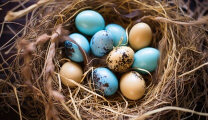 Fototapeta na wymiar A nest filled with gold and turquoise patterned Easter eggs, surrounded by dry golden leaves.