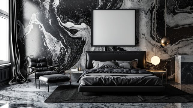: A minimalist Contemporary bedroom with an artistic touch, featuring a monochrome black bed, a sculptural black chair, and a large blank mockup frame on a wall with a bold, abstract mural