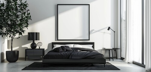 : A serene minimalist bedroom with a monochrome black bed, a contemporary black table lamp, and a blank mockup frame on a clean wall