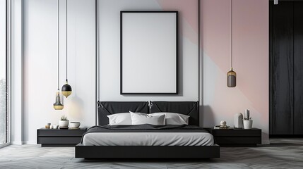 : A spacious minimalist bedroom, featuring a low-profile black bed, sleek black nightstands, and an expansive blank frame on a wall painted in a calming pastel hue