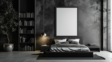 : A zen-like minimalist bedroom, showcasing a monochrome black bed with a simple frame, a low-profile black bookshelf, and a large blank mockup frame on a wall featuring a subtle, textured finish