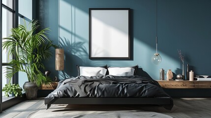 : An airy, minimalist bedroom with a monochrome black bed, a floating wooden shelf as a nightstand, and a large blank mockup frame on a wall painted in a calming shade of blue.