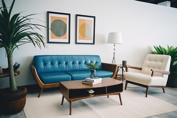 Blue retro sofa in a living room
