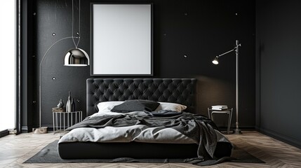 : In a minimalist bedroom, a monochrome black bed with a tufted headboard, a slim metallic floor lamp, and a blank mockup frame positioned on a dark accent wall, contrasted with light wooden flooring.