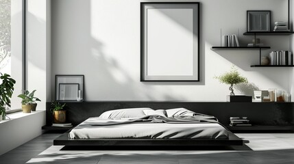 : Minimalist bedroom dominated by a monochrome black bed with a low profile, sleek black shelves against a white wall, and a blank mockup frame above. Small potted plants add a touch of green.