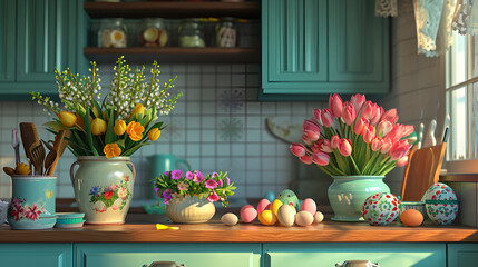Fototapeta na wymiar Vintage-style kitchen with vibrant floral arrangements and decorated Easter eggs on display.