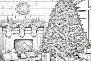 Christmas tree coloring page. Generative AI