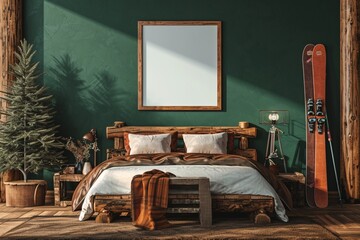 Alpine cabin bedroom with a rustic log bed, ski equipment, and a blank mockup frame on a pine green wall
