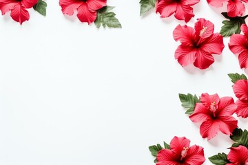 Tall hibiscus flowers with leaves isolated on white. Flat lay, top view, copy space. Generative AI