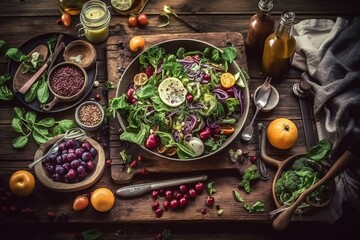 Plentiful salad ingredients, aerial view on rustic table, nourishing food inspiration. Generative AI