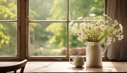 Bouquet of white daisies in a ceramic vase on a windowsill with a forest view