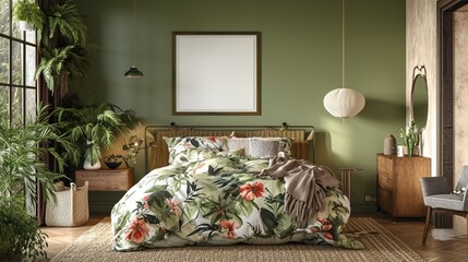 Art Nouveau inspired Contemporary bedroom with a floral bed, nature art, intricate botanical wall patterns, and a blank mockup frame