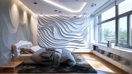 Artistic loft Contemporary bedroom with a creative bed, avant-garde art, intricate mural wall patterns, and a blank mockup frame