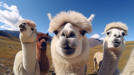 Four curious alpacas taking a selfie in the Andes Mountains of South America,