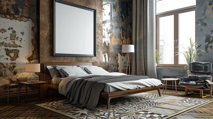 Artistic modern loft Contemporary bedroom with a contemporary bed, pop art, intricate mural wall patterns, and a blank mockup frame