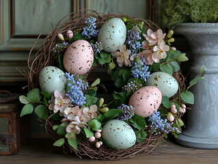 Obraz premium The image shows a charming Easter wreath adorned with speckled eggs and a variety of spring flowers, offering a sense of renewal and festive spirit.