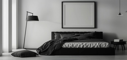 : A minimalist bedroom with a monochrome black bed, a simple black floor lamp, and a blank mockup frame on a smooth, uncluttered wall - obrazy, fototapety, plakaty