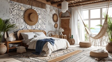 Bohemian beach hut Contemporary bedroom with a hammock bed, coastal art, intricate seashell wall patterns, and a blank mockup frame