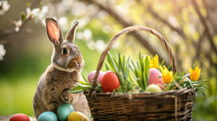 Fototapeta na wymiar Easter bunny with basket of colorful eggs and spring flowers in garden with blooming trees