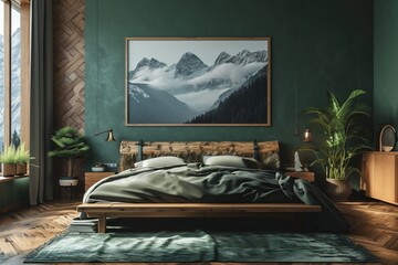Cabin style bedroom with a log bed, mountain landscape art, and a blank mockup frame on a hunter green wall