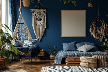 Boho-chic bedroom with a hammock-style bed, dream catchers, and a blank mockup frame on an indigo wall