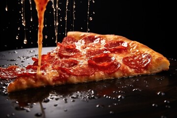 A slice of pizza with pepperoni and melted cheese