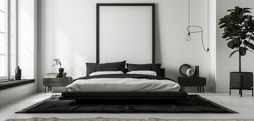 : A minimalist bedroom with a monochrome black bed, a contemporary black rug, and a large blank mockup frame on a minimalist white wall