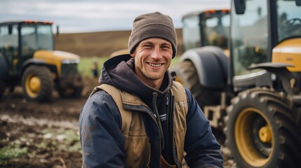 A smiling farmer in a field of tractors