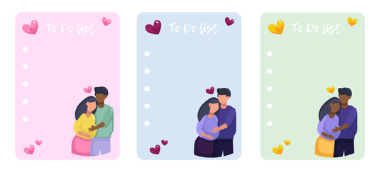 Set of to do list with happy young faceless couple with hearts expecting a baby. Valentine notes with romantic couple. Pregnant woman. Flat vector illustration with pastel candy colors