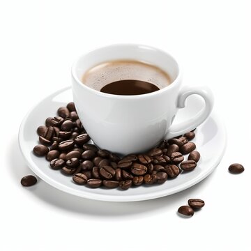 White cup of coffee on a saucer with scattered coffee beans