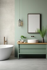 Fototapeta na wymiar Bathroom interior with green walls and white bathtub