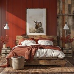Country barn bedroom with a rustic plank bed, farm animal art, and a blank mockup frame on a barn red wall - 16:9 --v 6.0 - Image #2 @ZeeshanQazi