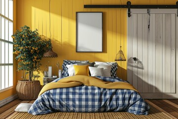 Country style bedroom with a checkered blue bed, barn door closet, and a blank mockup frame on a sunflower yellow wall