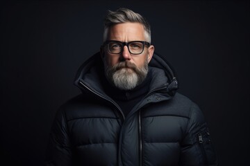 Portrait of a stylish bearded man in black jacket and glasses. - obrazy, fototapety, plakaty