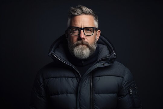 Portrait of a stylish bearded man in black jacket and glasses.