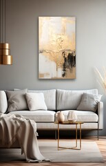 Elegant living room interior with white sofa and abstract painting