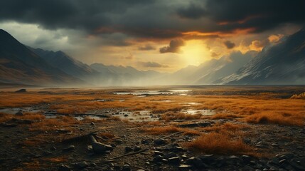 Obraz premium Tranquil Mountain Landscape with Vivid Sunset