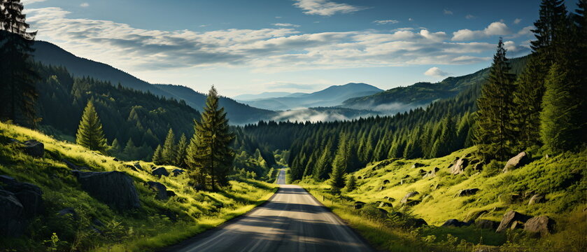 Scenic view of a winding road through a lush green valley