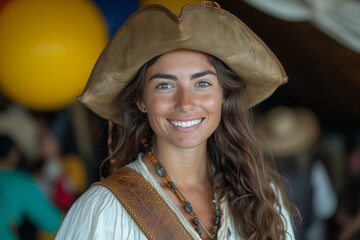Pirate Costume, Woman at Birthday and Carnival Party, Captain with Cheerful Hat and Smiling